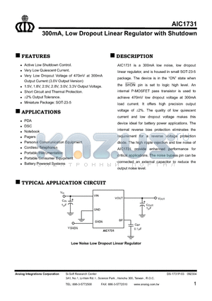 AIC1731-15CVTR datasheet - 300mA, Low Dropout Linear Regulator with Shutdown