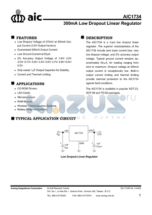 AIC1734-18CXTTR datasheet - 300mA Low Dropout Linear Regulator