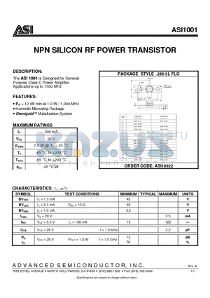 ASI1001 datasheet - NPN SILICON RF POWER TRANSISTOR