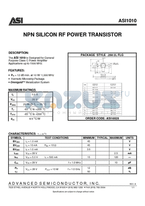 ASI1010 datasheet - NPN SILICON RF POWER TRANSISTOR
