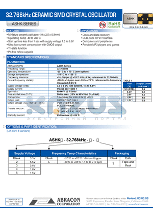 ASHK datasheet - 32.768kHz CERAMIC SMD CRYSTAL OSCILLATOR