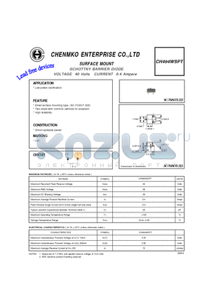 CH494WSPT datasheet - SCHOTTKY BARRIER DIODEV VOLTAGE 40 Volts CURRENT 0.4 Ampere