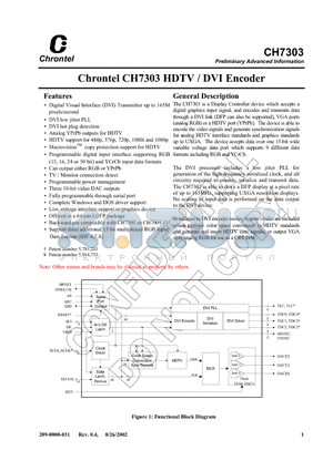 CH7303 datasheet - Chrontel CH7303 HDTV / DVI Encoder
