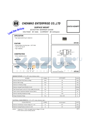 CH751VDWPT datasheet - SCHOTTKY BARRIER DIODE VOLTAGE 40 Volts CURRENT 30 mAmpere