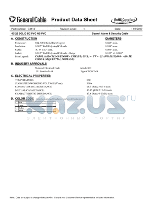 C4412 datasheet - 4C 22 SOLID BC PVC NS PVC Sound, Alarm & Security Cable