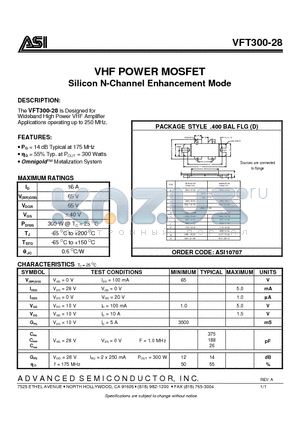 ASI10707 datasheet - VHF POWER MOSFET Silicon N-Channel Enhancement Mode
