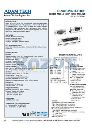 DE09PL44 datasheet - D-SUBMINIATURE RIGHT ANGLE .318 (8.08) MOUNT