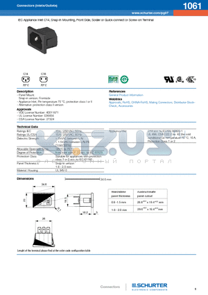 1061-H-ABC0-D-E datasheet - IEC Appliance Inlet C14, Snap-in Mounting, Front Side, Solder or Quick-connect or Screw-on Terminal
