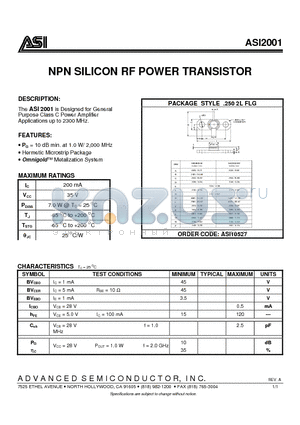 ASI2001 datasheet - NPN SILICON RF POWER TRANSISTOR