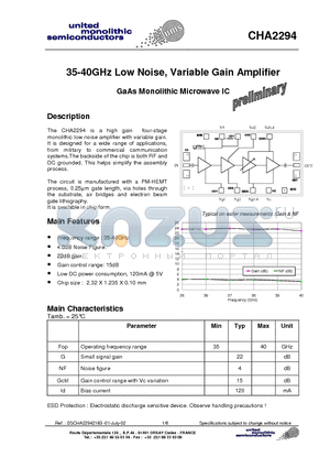 CHA2294 datasheet - 35-40GHz Low Noise, Variable Gain Amplifier