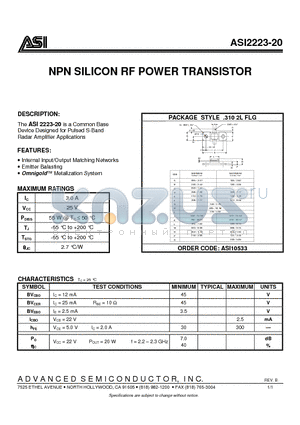 ASI2223-20 datasheet - NPN SILICON RF POWER TRANSISTOR