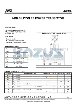 ASI2N5945 datasheet - NPN SILICON RF POWER TRANSISTOR