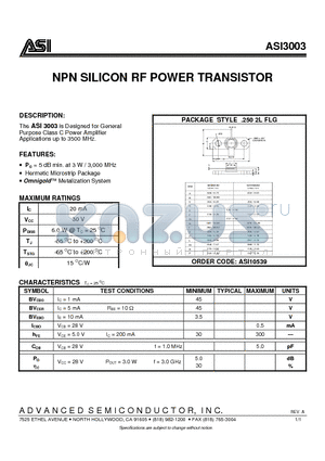 ASI3003 datasheet - NPN SILICON RF POWER TRANSISTOR