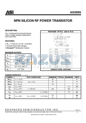 ASI3005 datasheet - NPN SILICON RF POWER TRANSISTOR