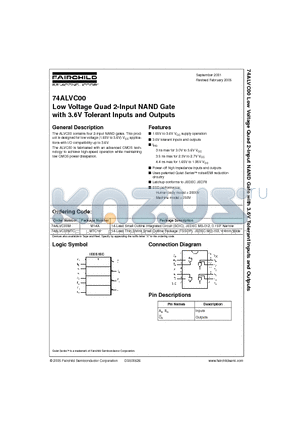 74ALVC00MTCX datasheet - Low Voltage Quad 2-Input NAND Gate with 3.6V Tolerant Inputs and Outputs