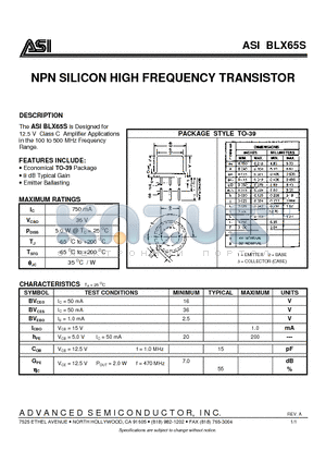 ASIBLX65S datasheet - NPN SILICON HIGH FREQUENCY TRANSISTOR