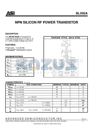 ASIBLX92A datasheet - NPN SILICON RF POWER TRANSISTOR