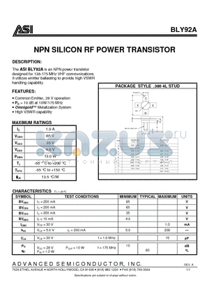 ASIBLY92A datasheet - NPN SILICON RF POWER TRANSISTOR