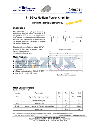 CHA5051 datasheet - 7-16GHz Medium Power Amplifier