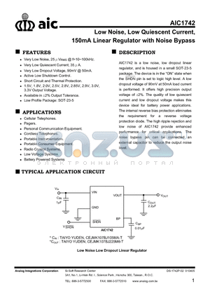 AIC1742-15ACVBG datasheet - Low Noise, Low Quiescent Current, 150mA Linear Regulator with Noise Bypass