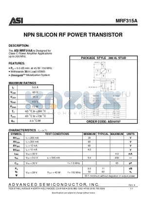 ASIMRF315A datasheet - NPN SILICON RF POWER TRANSISTOR