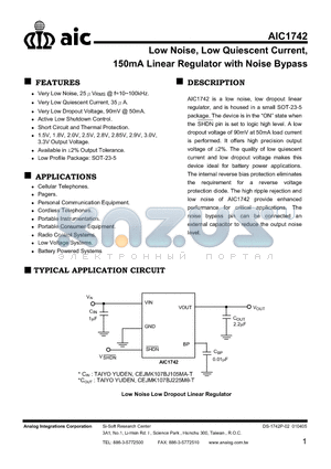 AIC1742-18ACVBG datasheet - Low Noise, Low Quiescent Current, 150mA Linear Regulator with Noise Bypass