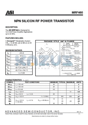ASIMRF460 datasheet - NPN SILICON RF POWER TRANSISTOR