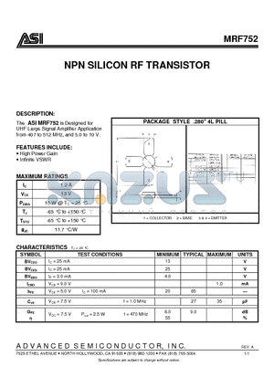 ASIMRF752 datasheet - NPN SILICON RF TRANSISTOR