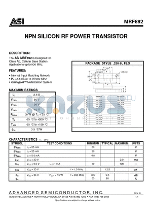 ASIMRF892 datasheet - NPN SILICON RF POWER TRANSISTOR