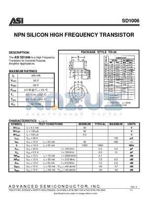 ASISD1006 datasheet - NPN SILICON HIGH FREQUENCY TRANSISTOR