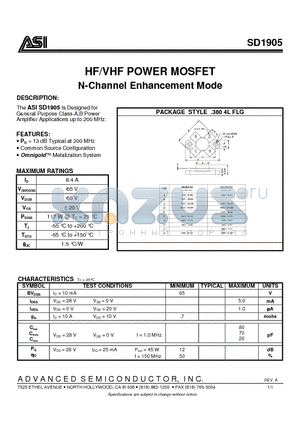 ASISD1905 datasheet - HF/VHF POWER MOSFET N-Channel Enhancement Mode