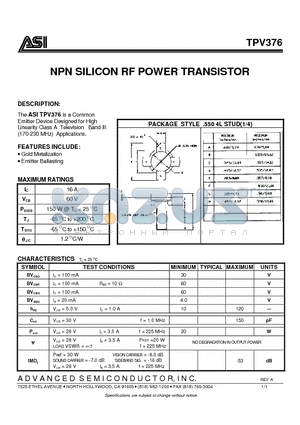 ASITPV376 datasheet - NPN SILICON RF POWER TRANSISTOR