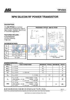 ASITPV593 datasheet - NPN SILICON RF POWER TRANSISTOR