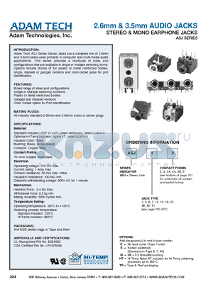 ASJ153 datasheet - 2.6mm & 3.5mm AUDIO JACKS STEREO & MONO EARPHONE JACKS