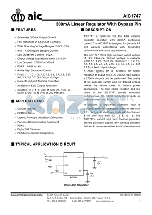 AIC1747-285GK5 datasheet - 300mA Linear Regulator With Bypass Pin