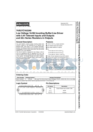 74ALVC162240T datasheet - Low Voltage 16-Bit Inverting Buffer/Line Driver with 3.6V Tolerant Inputs and Outputs and 26 Series Resistors in Outputs