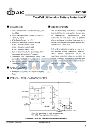 AIC1802 datasheet - Two-Cell Lithium-Ion Battery Protection IC
