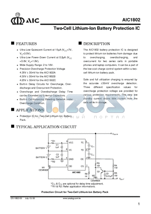 AIC1802ACS datasheet - Two-Cell Lithium-Ion Battery Protection IC