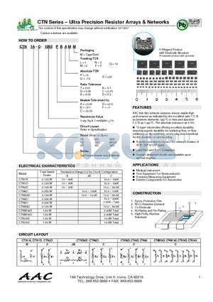 CTN1A-C-1003AQQLM datasheet - Ultra Precision Resistor Arrays & Networks