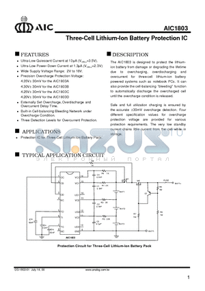 AIC1803ACS datasheet - Three-Cell Lithium-Ion Battery Protection IC