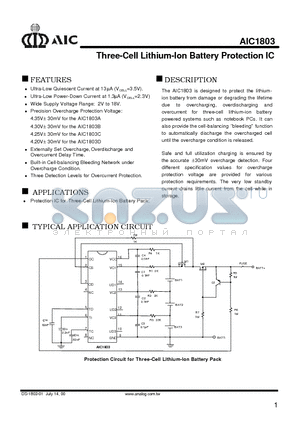 AIC1803CCS datasheet - Three-Cell Lithium-Ion Battery Protection IC