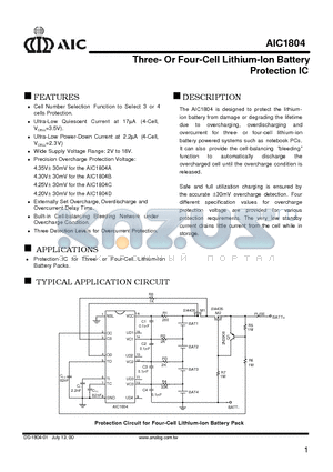 AIC1804ACS datasheet - Three- Or Four-Cell Lithium-Ion Battery Protection IC