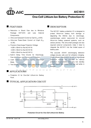 AIC1811 datasheet - One-Cell Lithium-Ion Battery Protection IC