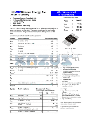DE275X2-501N16A datasheet - RF Power MOSFET