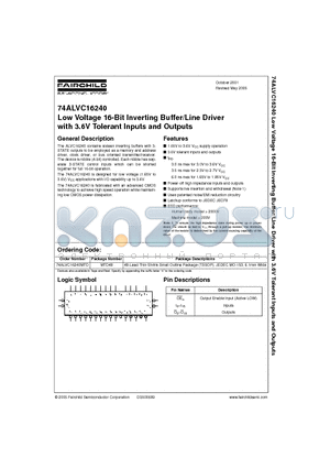 74ALVC16240MTD datasheet - Low Voltage 16-Bit Inverting Buffer/Line Driver with 3.6V Tolerant Inputs and Outputs