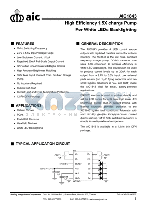 AIC1843 datasheet - High Efficiency 1.5X charge Pump For White LEDs Backlighting