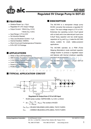 AIC1845 datasheet - Regulated 5V Charge Pump In SOT-23