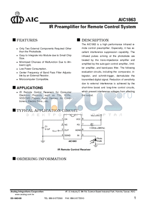 AIC1863CD datasheet - IR Preamplifier for Remote Control System