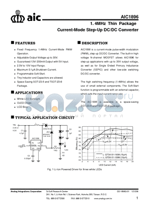 AIC1896 datasheet - 1. 4MHz Thin Package Current-Mode Step-Up DC/DC Converter