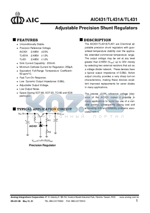 AIC431 datasheet - Adjustable Precision Shunt Regulators